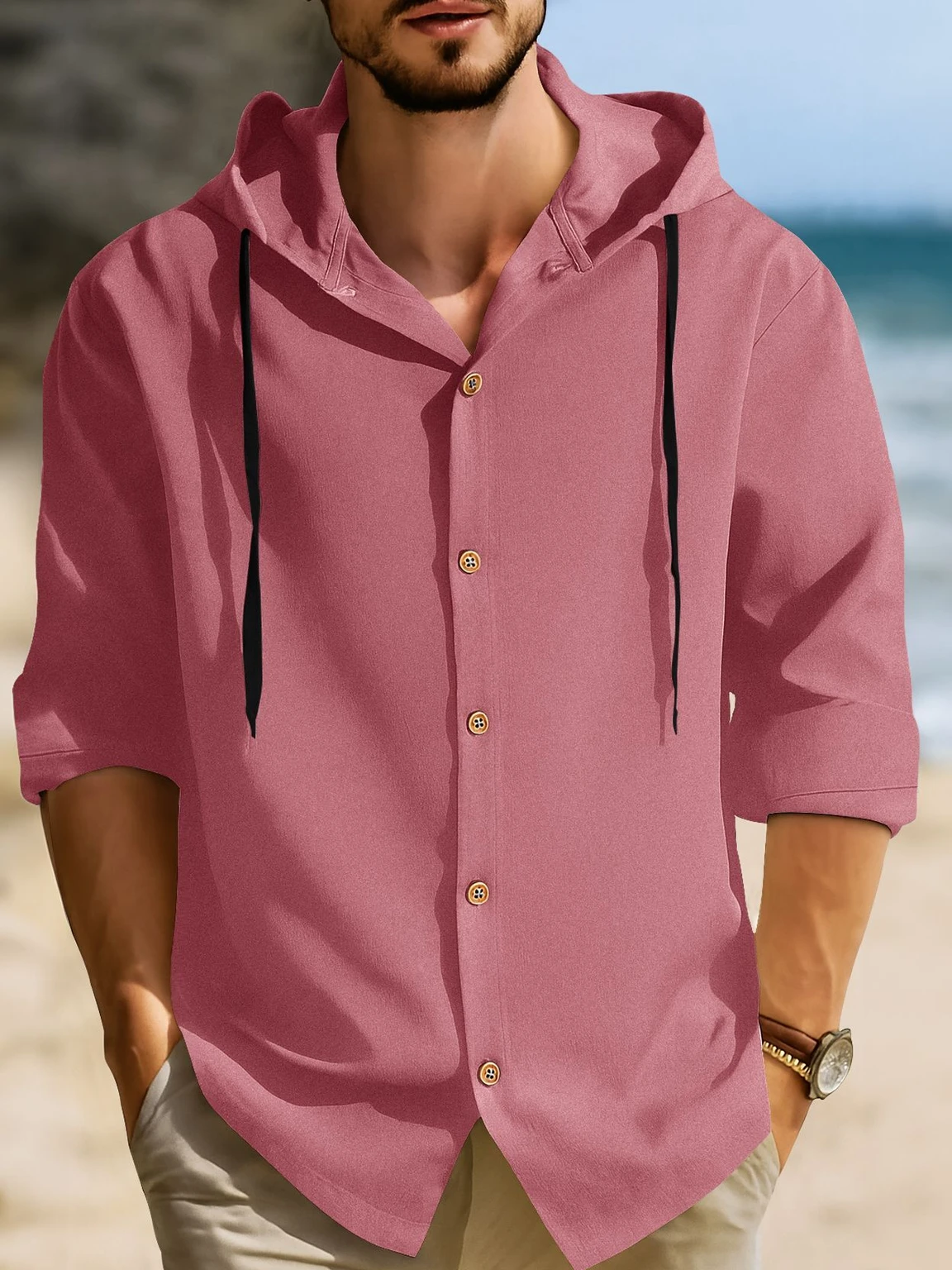 EyeBogler Men Solid Hooded Neck Cotton Blend Pink T-Shirt
