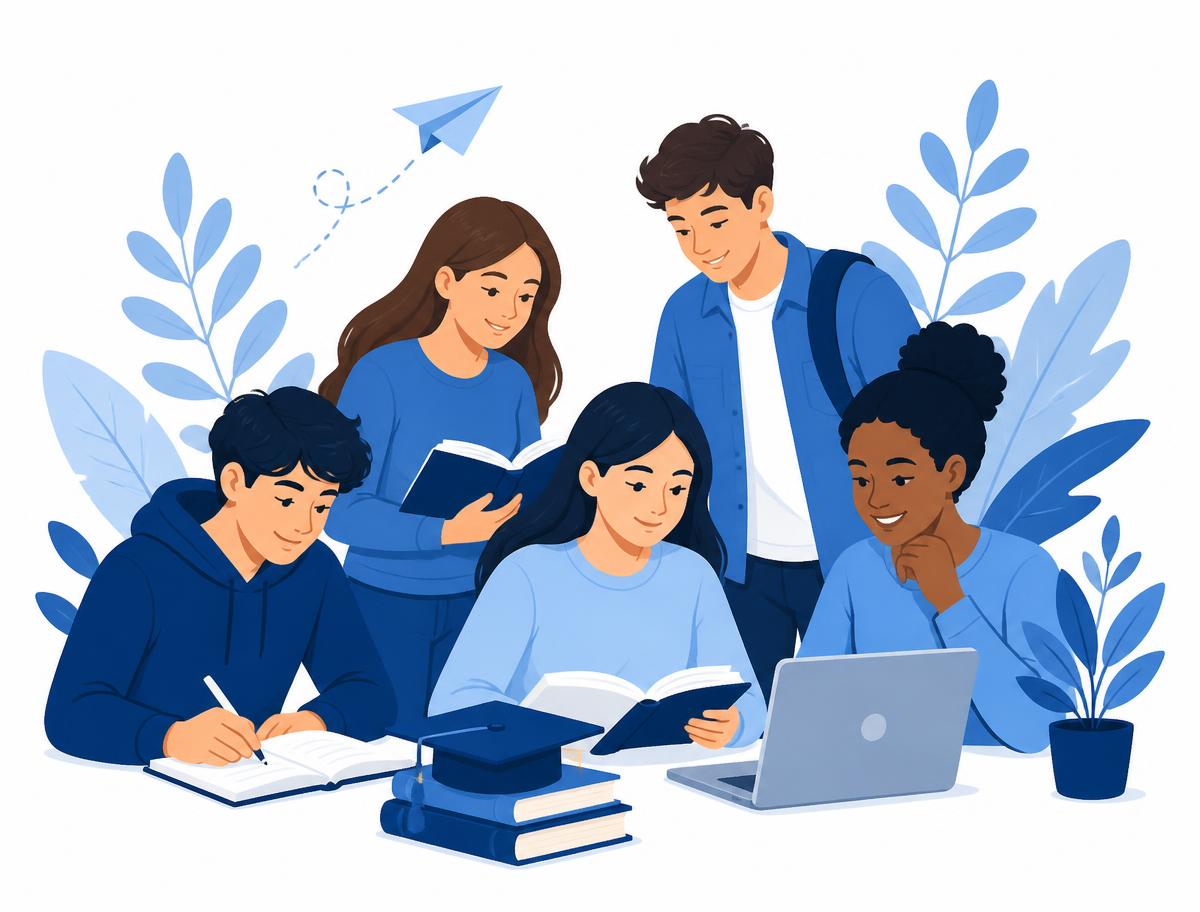 Students studying together with books, notes and a laptop