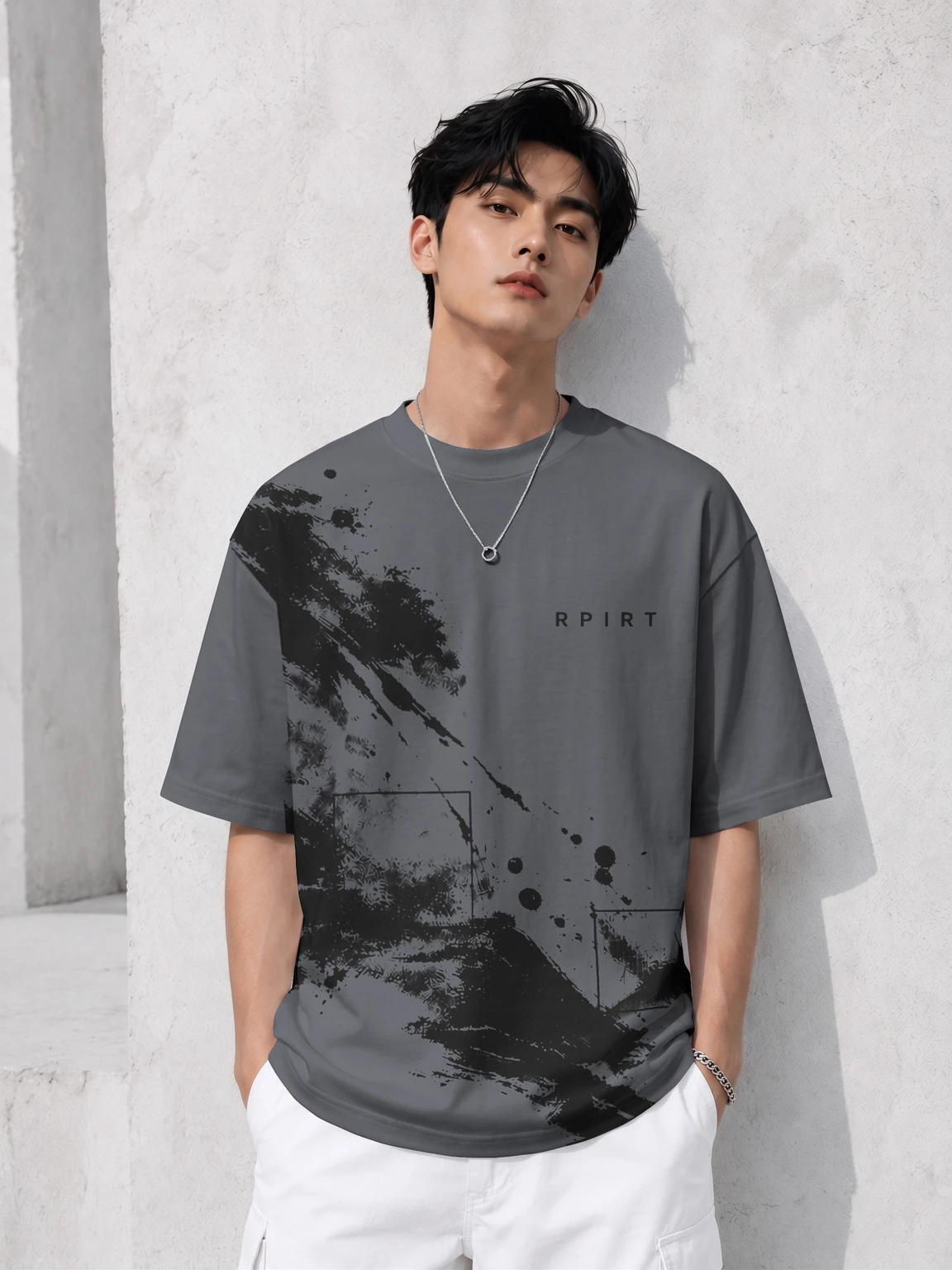 RPIRT Men Printed Round Neck Cotton Blend Grey T-Shirt